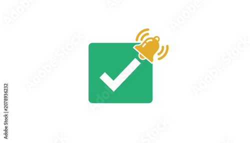 White checkmark on a green square button features a ringing golden notification bell on its upper right corner.