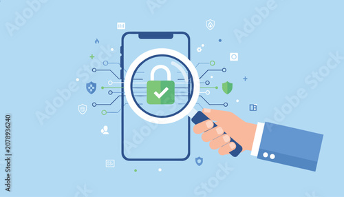 Digital security concept shows a hand holding a magnifying glass over a locked smartphone screen with a green padlock.