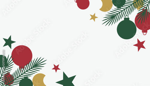 Beautiful Christmas corner border is composed of pine branches, red ornaments, dark green baubles, and gold stars on white.