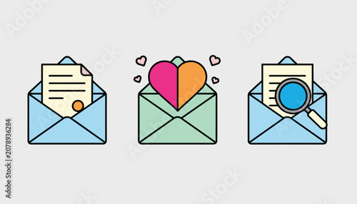 Three pastel envelopes are arranged in a row, featuring a certified letter, a love heart message, and a magnifying glass search.