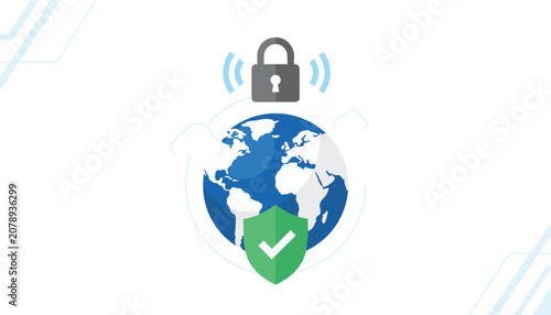 Planet earth is protected by a green security shield with a checkmark on the bottom and a locked grey padlock on the top.