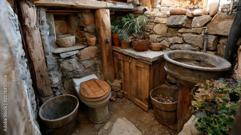Fototapeta premium Rustic bathroom with stone walls, wooden toilet seat, and antique basin