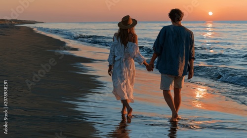 Couple walking hand in hand on beach at sunset, romantic seaside stroll