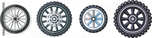 A minimalist flat vector icon of a mountain bike wheel with thick treads showcases a sleek, modern design against a white background