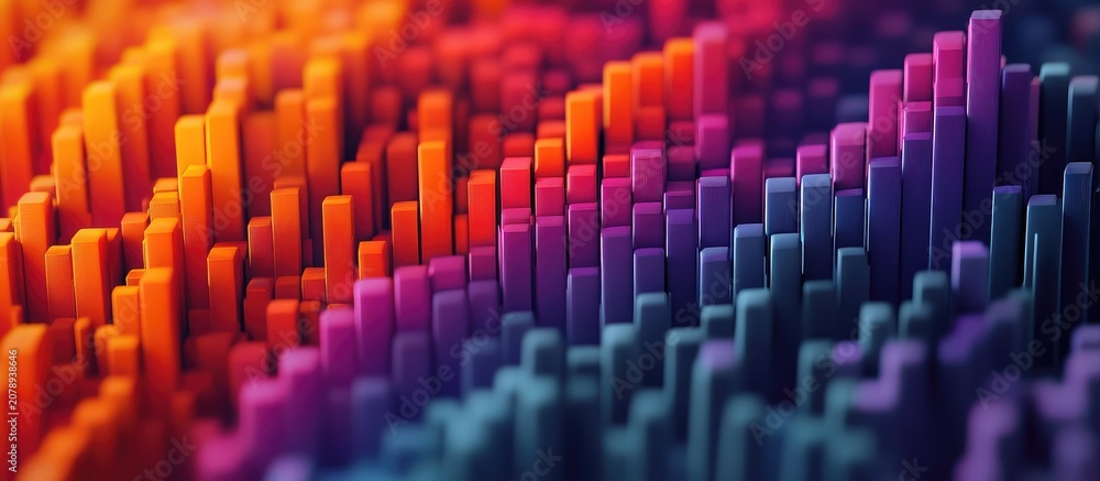 Fototapeta premium Abstract 3D digital landscape with a vibrant color gradient of vertical rectangular blocks representing data visualization and technology