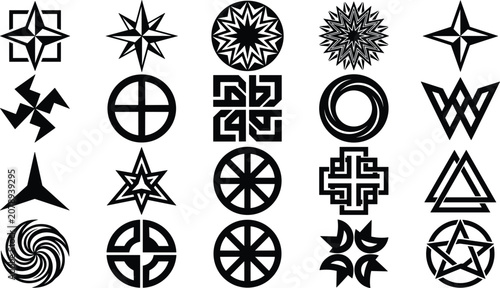 Fotografie Collection of sharp black abstract geometric symbols stars crosses and occult si