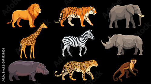 Canvas Print African animal illustration set including lion, tiger, elephant, giraffe, zebra, rhinoceros, hippopotamus, leopard and monkey isolated on black background