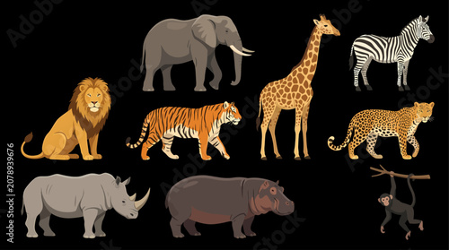 Photography African wildlife icon collection with lion, elephant, giraffe, zebra, tiger, leopard, rhinoceros, hippopotamus and monkey on black background