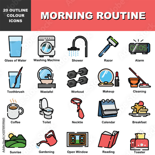 Morning Routine Outline Color Icons Set Vector Illustration, Daily Lifestyle Activities, Personal Hygiene, Fitness, Breakfast and Home Routine Collection