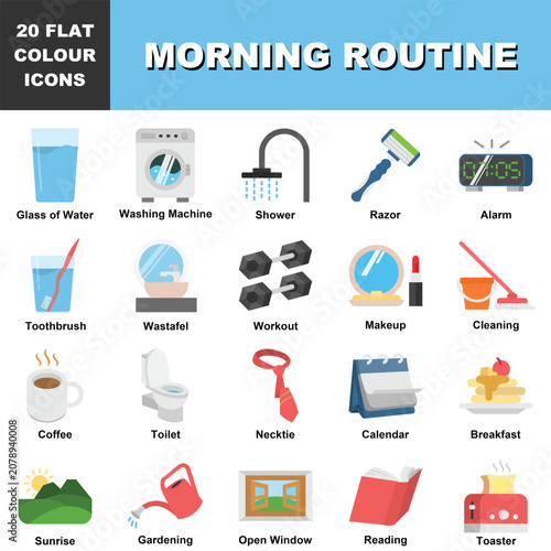 Morning Routine Flat Color Icons Set Vector Illustration, Daily Lifestyle Activities, Personal Hygiene, Fitness, Breakfast and Home Routine Collection