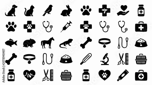 Принти на полотні Set of black silhouette veterinary and pet care icons on white background
