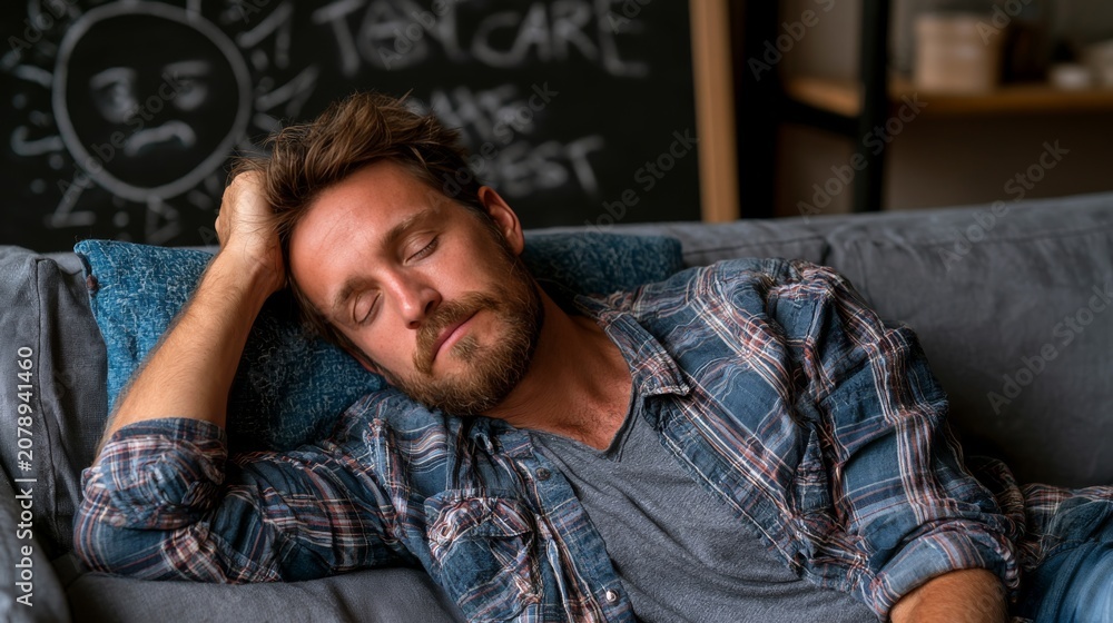 Obraz premium Man sleeping on couch with hand behind head, looking tired and exhausted