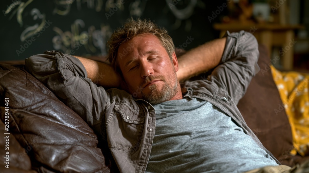 Obraz premium Man resting on a couch with his eyes closed and hands behind his head
