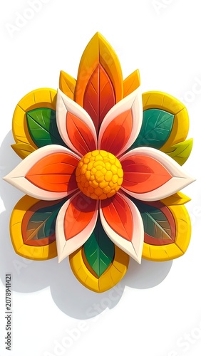 A colorful, intricately designed flower-like decoration with orange, white, and green petals surrounded by a yellow border