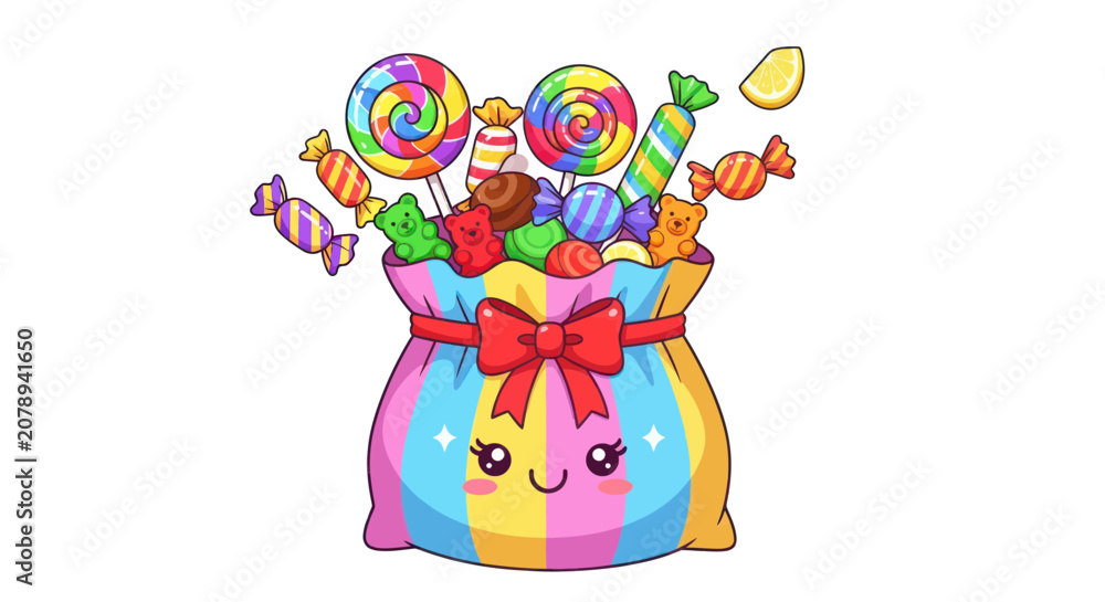 Naklejka premium Kawaii colorful candy bag filled with lollipops and gummy bears