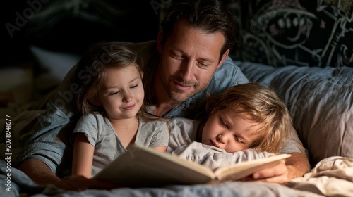 Father reads a bedtime story to his daughters in a cozy, dimly lit bedroom