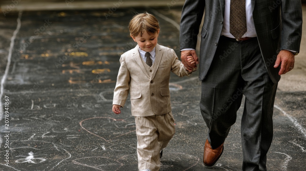 Fototapeta premium Young boy in a suit walks hand-in-hand with an adult man in formal attire