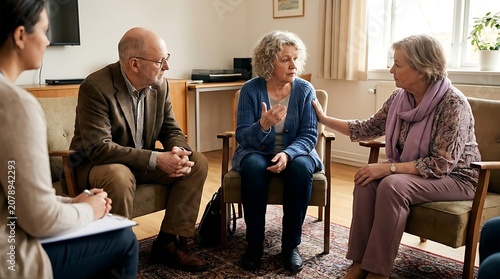 Group therapy session with diverse individuals discussing emotions and support