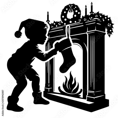 Little child silhouette looking inside Christmas stocking by decorated fireplace vector, cute kid in Santa hat finding winter holiday gifts black stencil illustration