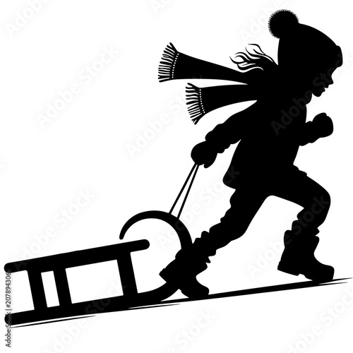 Active child silhouette pulling a sled uphill in winter, cute kid in warm clothes with blowing scarf enjoying snow outdoor activity vector illustration, black stencil design