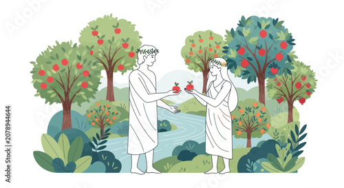 Tableau sur toile Man and woman in white robes standing in a lush fruit garden