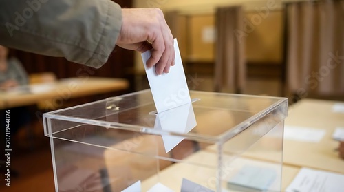 Hand dropping ballot paper into transparent ballot box during election process