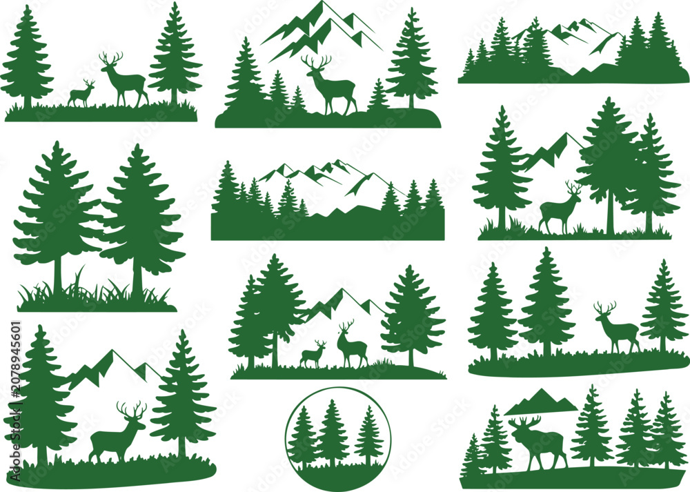 Obraz premium Collection of scenic forest and mountain landscapes with majestic deer perfect for outdoor themed designs