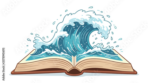 Dynamic Illustration of a Large Ocean Wave Emerging from an Open Book with Vibrant Blue Water and