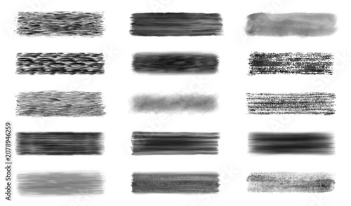 Black isolated paint lines. A set of brushstrokes from different types of paint and brushes, with various textures and shading levels on a white background. Vector line illustrations.