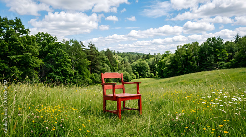Chair painted in bright red stands alone in the middle of a lush green meadow under a summer sky.