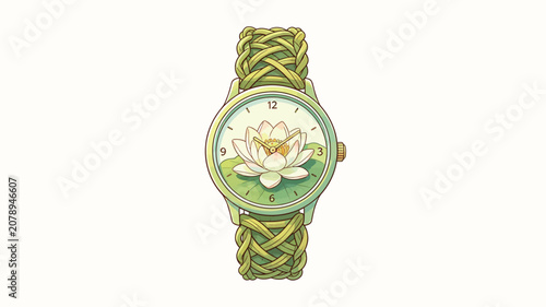 A serene green woven-strap watch featuring a lotus flower and lily pad dial with gold accents