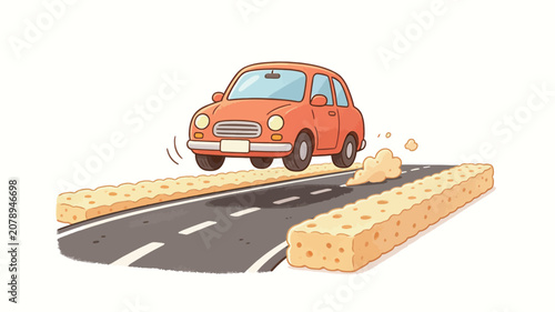 A whimsical orange car jumps over cheese-bread roadside barriers on an asphalt road, illustrated in