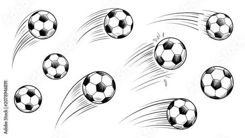 Fényképezés Black and white soccer balls floating with motion lines in mid-air Vector