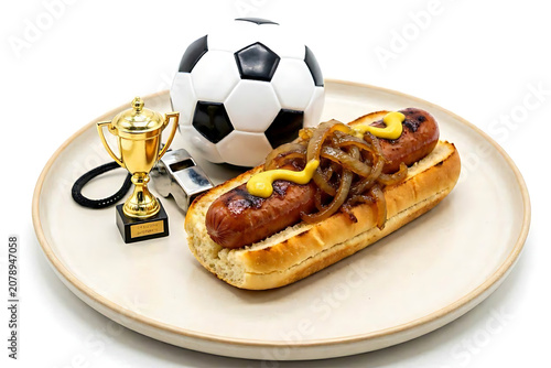 Delicious grilled sausage in a bun with onions and mustard, next to a soccer ball and trophy, perfect for a game day feast