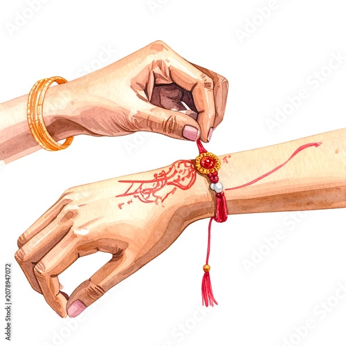 A person's hand with henna ties a red thread around another's wrist
