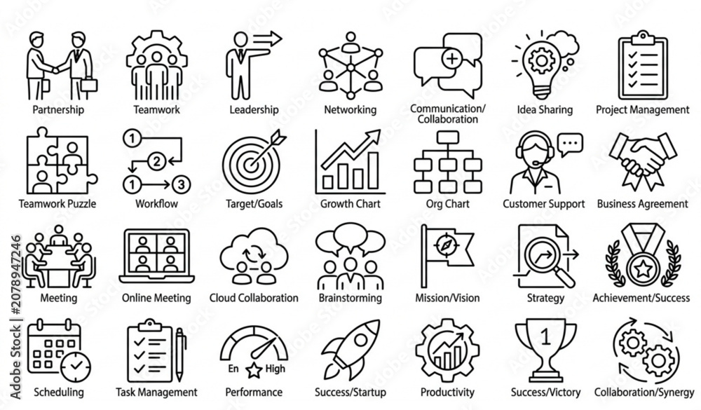 Fototapeta premium SEO Title: Corporate Teamwork Editable Stroke Thin Line Icons Business Management Vector Set