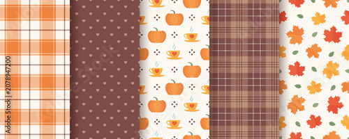 Autumn pattern. Seamless backgrounds with pumpkins, leaves and plaid. Set seasonal geometric wallpapers. Collection autumnal wrapping papers. Vector illustration. Abstract fabric textures.