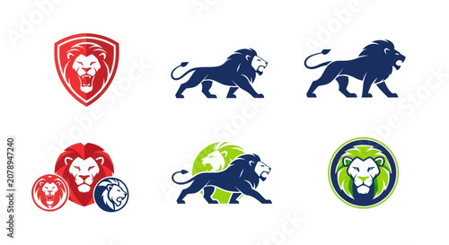 Foto Powerful lion mascot logo set with shields and circular emblems