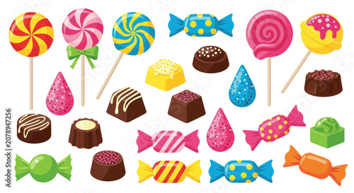 Foto Assorted colorful candy lollipops and chocolate pralines collection
