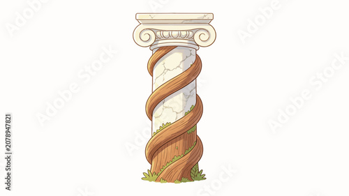 Ancient Greek Ionic Column Entwined with Golden Vines in Hand-Drawn Fantasy Art Style