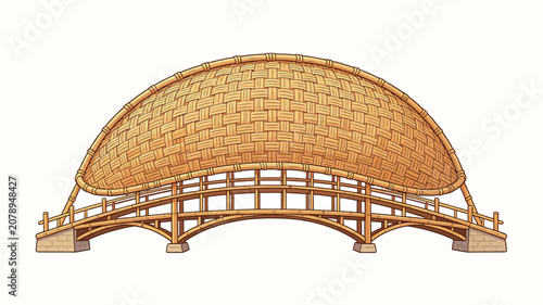 Traditional Woven Bamboo Bridge with Arcing Roof Structure Illustration