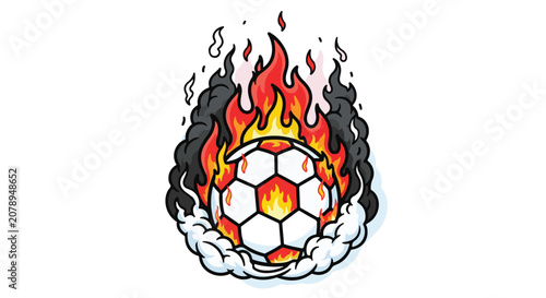 Fotografie Dynamic soccer ball ablaze with fiery orange and red flames, surrounded by smoky grey wisps, embodying intense competition and passion in sports