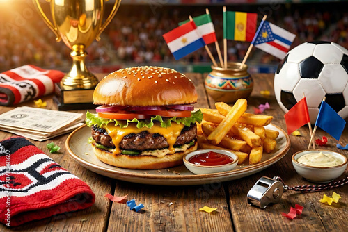 Delicious game day feast featuring a gourmet cheeseburger, crispy golden fries, and international flags, celebrating a thrilling soccer match victory with a golden trophy