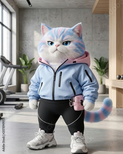 3D cute fluffy cartoon cat with pastel stripes posing in athleisure style fashion.