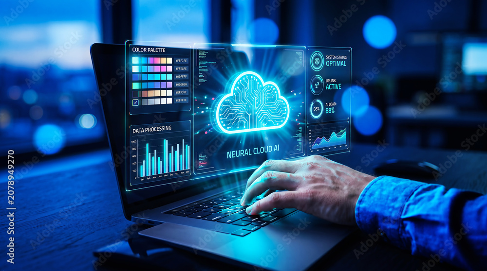 Fototapeta premium Professional developer working on neural cloud artificial intelligence interface on laptop screen in dark office environment with glowing digital data visualization charts