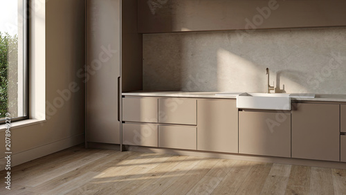 Modern Beige Kitchen with Island Sink and Large Window