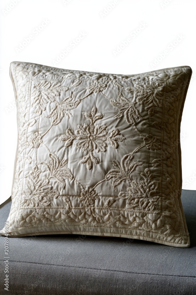 Fototapeta premium Elegant embroidered cushion with floral and snowflake patterns in neutral tones