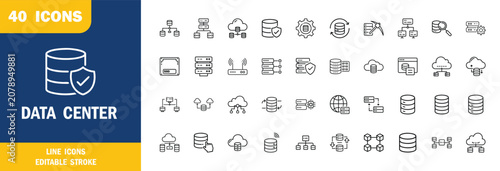 Data Center line icons in editable stroke style. Cloud services, server, storage, networking, database, cyber security, infrastructure, hosting collection. Vector illustration.