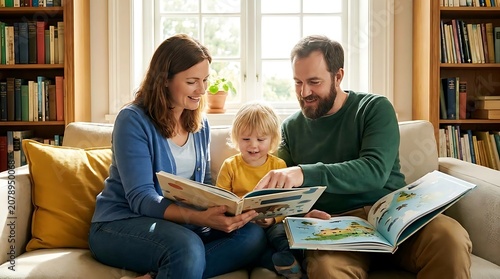 Happy family reading books together on sofa in cozy room