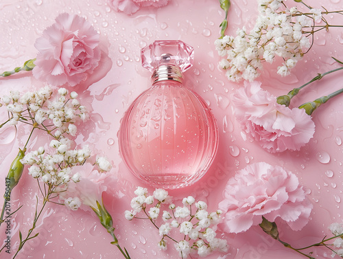 Pink perfume bottle on wet surface surrounded by fresh roses and carnations. 